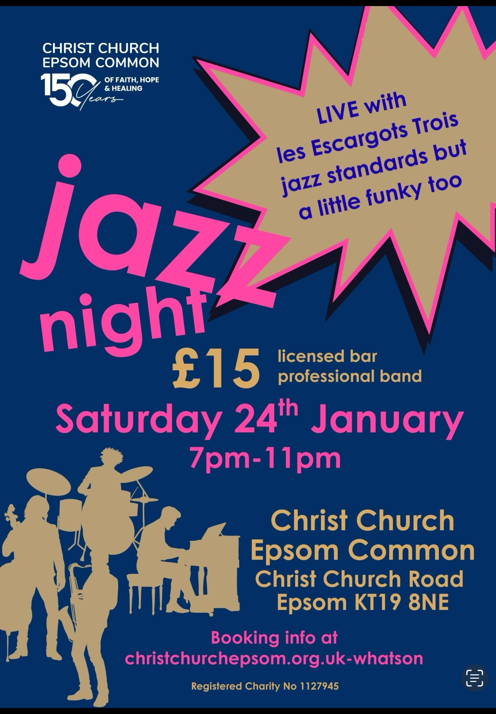 Blue poster with pink writing. Headline says Jazz Night £15