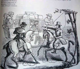 Two Men on horseback holding up a stage coach