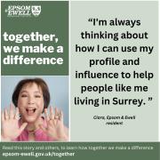 A young woman with short brown hair is pictured. She looks happy. Text says: together, we make a difference. In quotation marks: I'm always thinking about how I can use my profile and influence to help people like me living in Surrey.